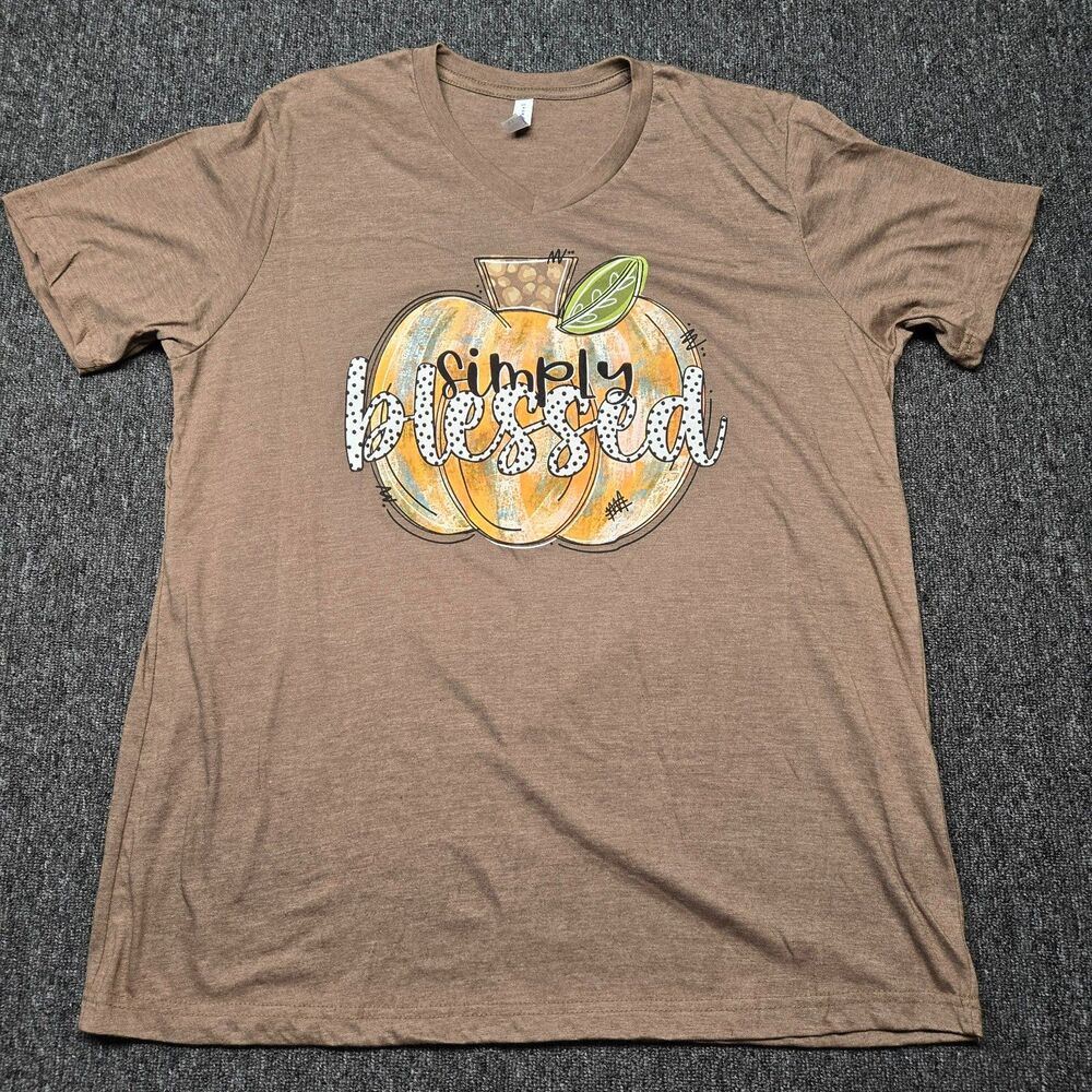 Love In Faith Women’s XL T‑Shirt Brown Simply Blessed Pumpkin Fall Christian Tee